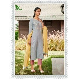 FuLoo’S Simi Pure Cotton Embroidered Kurti Set with Pants and Chunni 