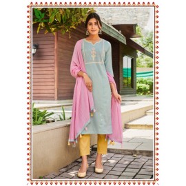 FuLoo’S Simi Pure Cotton Embroidered Kurti Set with Pants and Chunni 