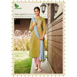 FuLoo’S Simi Pure Cotton Embroidered Kurti Set with Pants and Chunni 