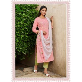 FuLoo’S Simi Pure Cotton Embroidered Kurti Set with Pants and Chunni 