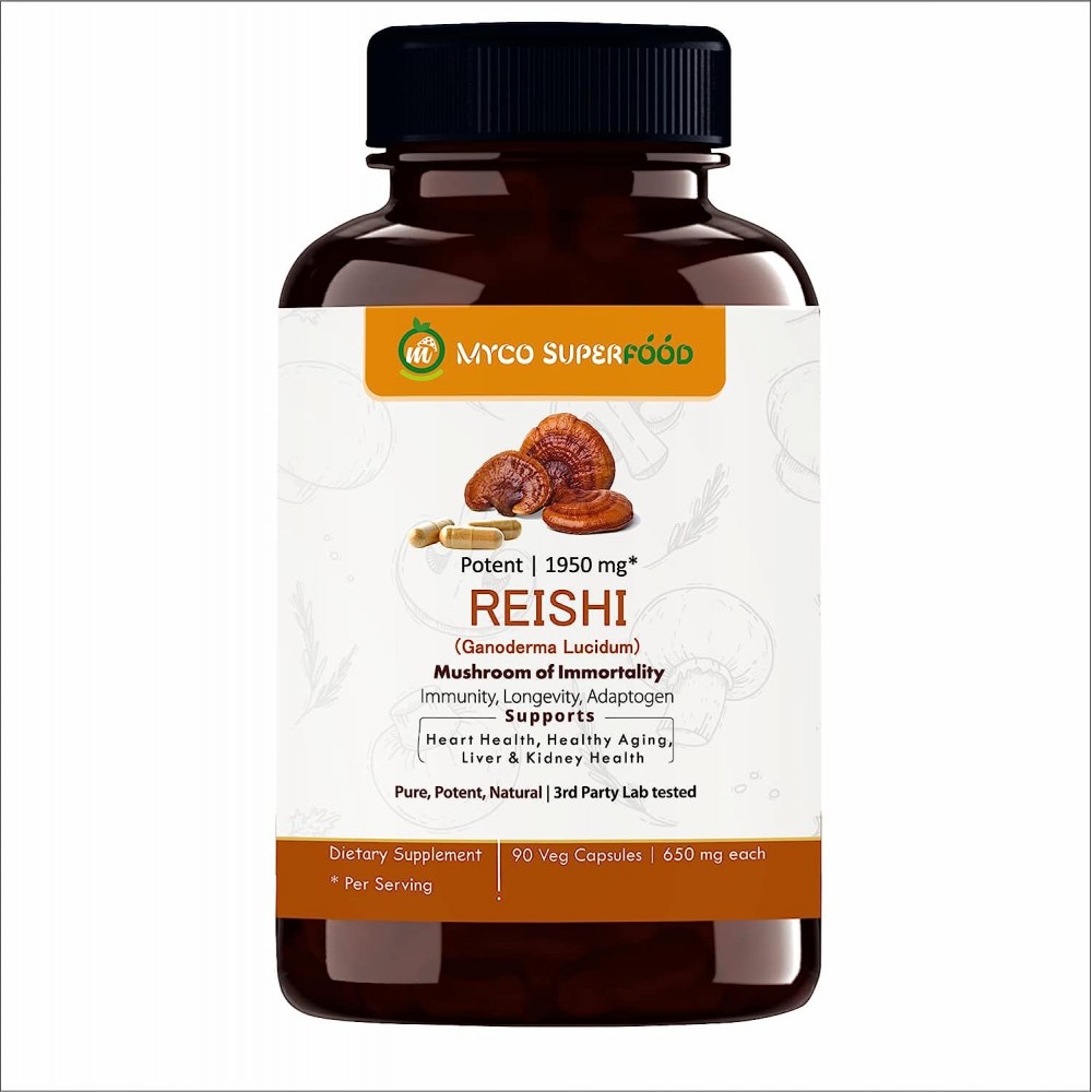 MYCO SUPERFȮȮD Reishi Mushroom Extract Powder Capsules| 90 Veg Caps 650 mg each | Boosts Immunity, for Immunomodulatory Support | Adaptogen, Anti Stess, Anti oxidan MYCO SUPERFȮȮD Reishi Mushroom Extract Powder Capsules| 90 Veg Caps 650 mg each | Boosts Immunity, for Immunomodulatory Support | Adaptogen, Anti Stess, Anti oxidan
