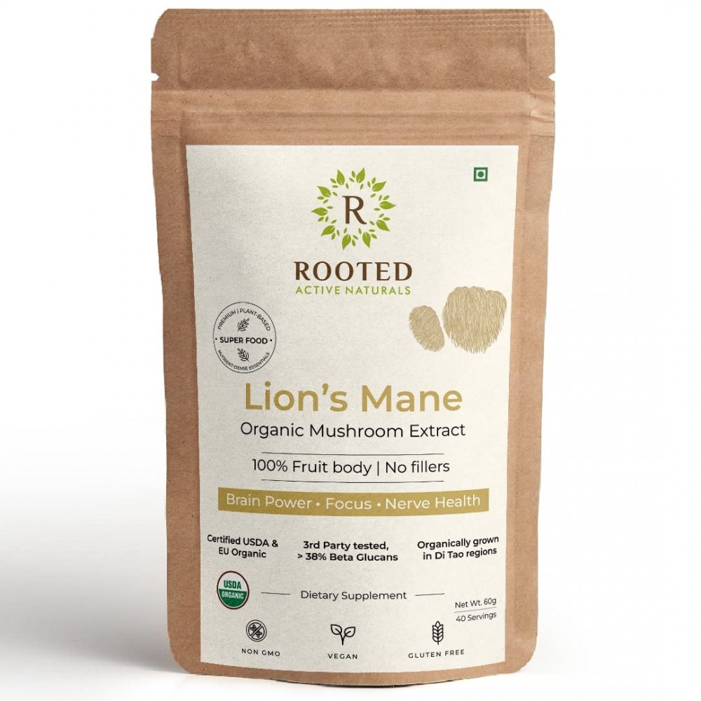Rooted Lions Mane mushroom Extract Powder (60 gm) | Memory, Focus, Brain Powder & Nerve Health. USDA Organic, 38% Beta Glucans, Certified organic Rooted Lions Mane mushroom Extract Powder (60 gm) | Memory, Focus, Brain Powder & Nerve Health. USDA Organic, 38% Beta Glucans, Certified organic