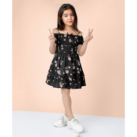 Naughty Ninos Half Sleeves Floral Print Off Shoulder Dress - Black