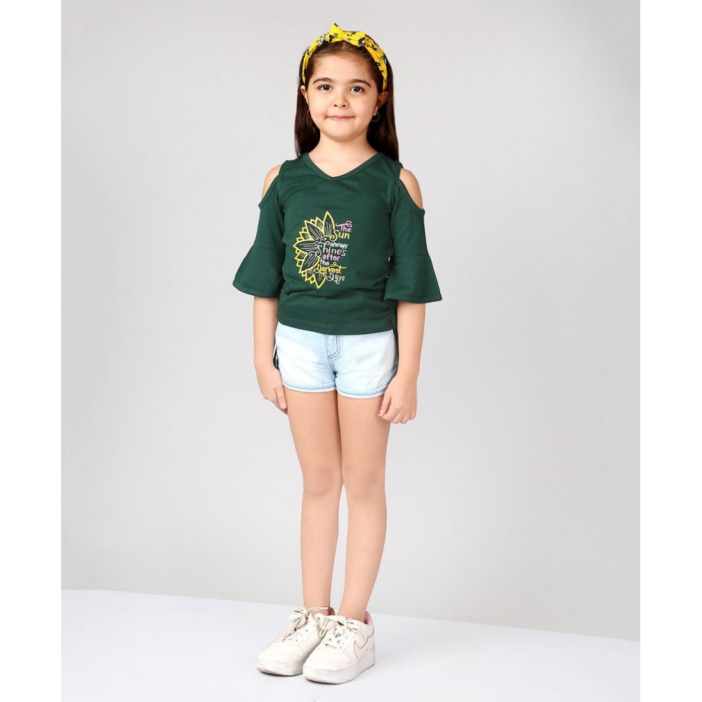 Naughty Ninos Three Fourth Cold Shoulder Bell Sleeves Sun Shine Embroidered Top & Solid Shorts Set - Olive