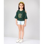 Naughty Ninos Three Fourth Cold Shoulder Bell Sleeves Sun Shine Embroidered Top & Solid Shorts Set - Olive