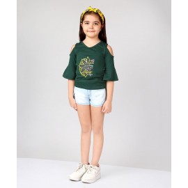 Naughty Ninos Three Fourth Cold Shoulder Bell Sleeves Sun Shine Embroidered Top & Solid Shorts Set - Olive