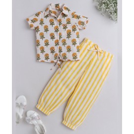 IndiUrbane Half Sleeves Jaipuri Flower Motif Hand Block Printed Front Tie Up Shirt With Awning Striped Harem Pant - Yellow