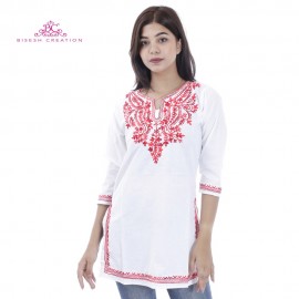 White Red Kashmiri Embroidered Cotton Tops