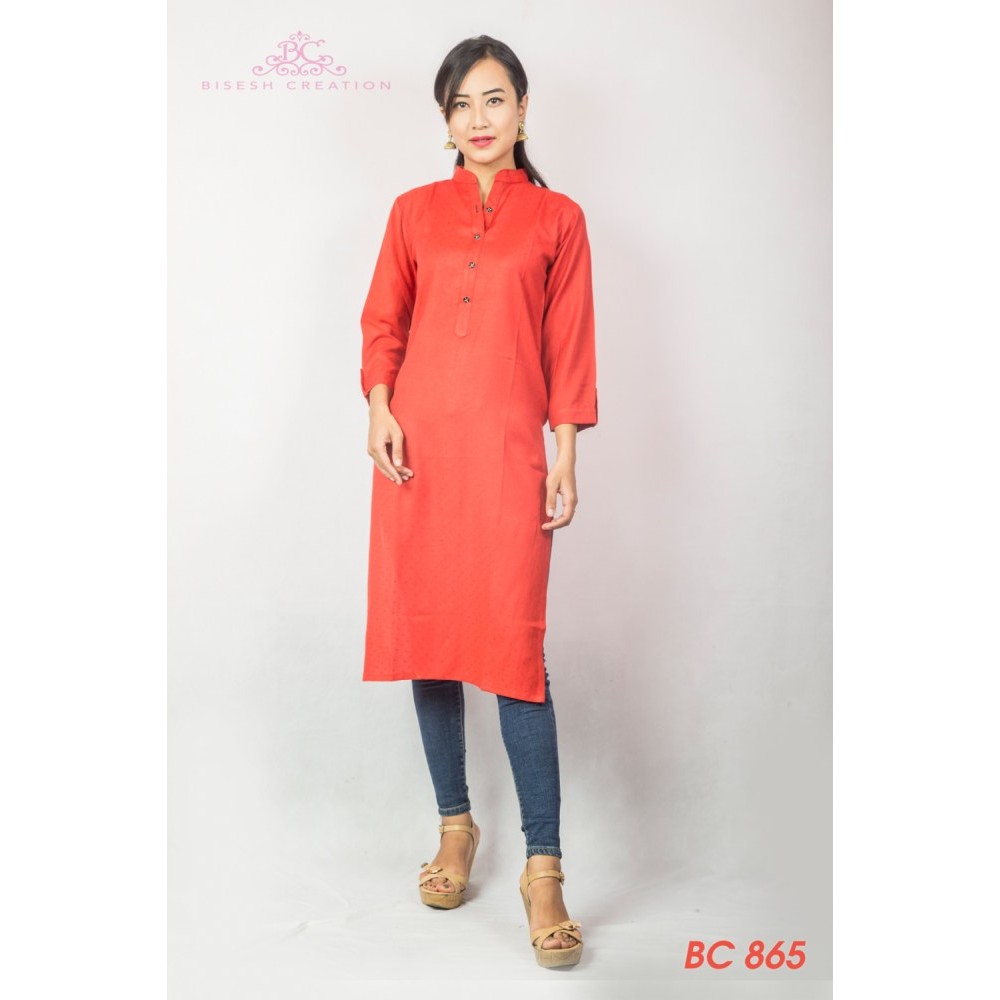 Orange Mandarin Collared Rayon Kurthi