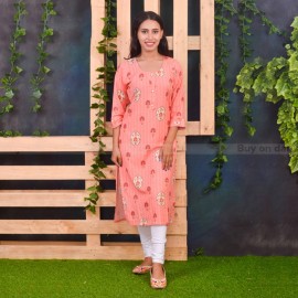 Peach Flower Print Alpine Rayon Kurti With Leggings