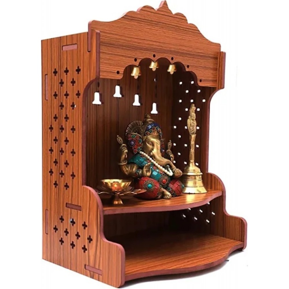 Temple Pooja Mandir Wall Hanging and Table Top Home Décor Beautiful with 3 Bells - Wooden Frame Suitable For Temple