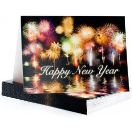 New Year Greeting Cards with Colorful Fireworks on Background for Personal or Business Use - Customized