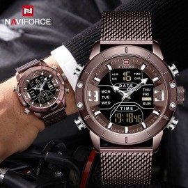 NaviForce NF9153 Multifunction Stainless Steel Dual Time Movement Watch-Coffee Color
