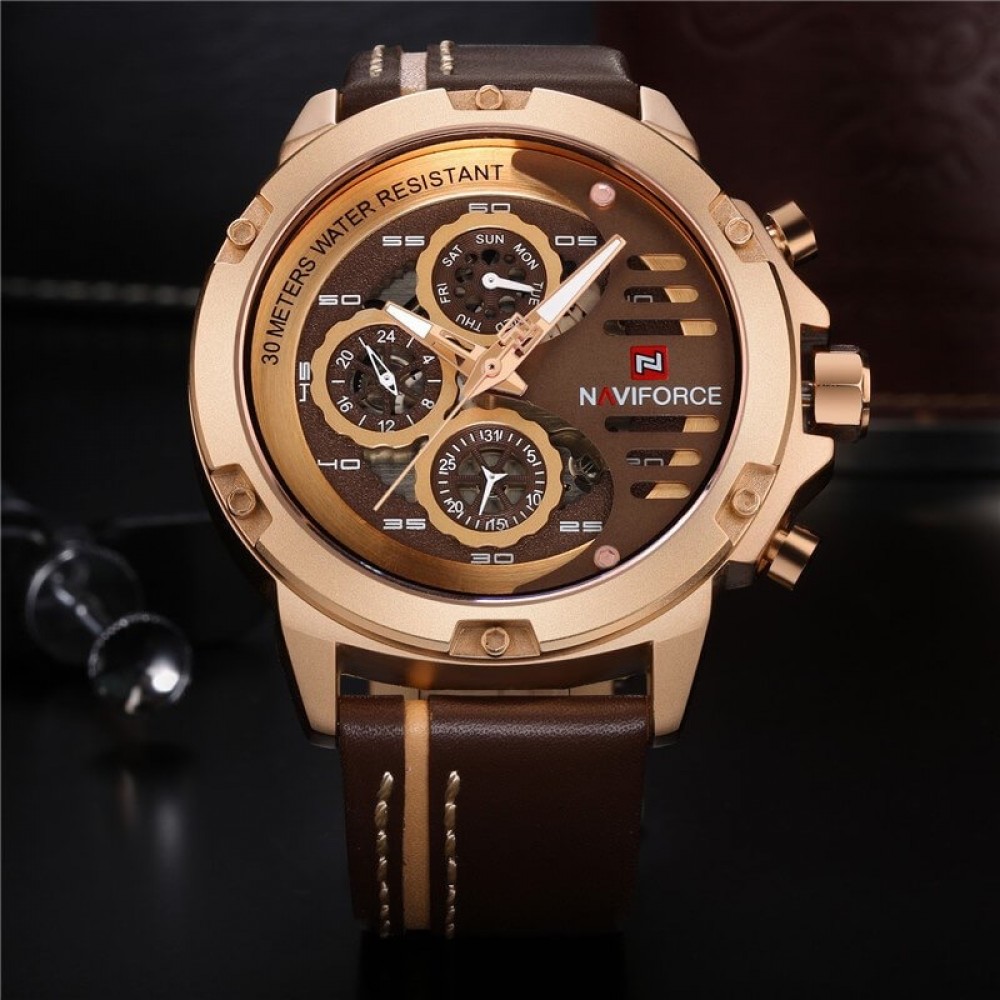 NAVIFORCE Golden Dual Time Chronograph Leather Multi-Color Watch for Men
