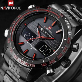 NaviForce NF9024 Dual Display Stainless Steel Casual Watch for Men-Red & Black