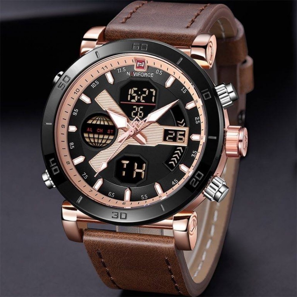 NaviForce NF9132 Double Time Digital/Analog Quartz Watch for Men –Black/Brown
