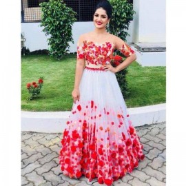 White Colour Soft net Flower Design Embroidery Lehenga