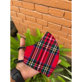 Red Patterned Three Layered Washable Tartan Mask with Adjuster