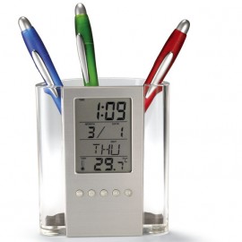 Plastic Pen Holder With Electronic Calendar Clock 