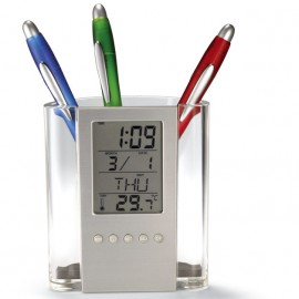 Plastic Pen Holder With Electronic Calendar Clock