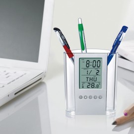 Plastic Pen Holder With Electronic Calendar Clock 