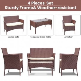 Rattan Furniture With Curved Backrest, Padded Cushion And Tempered Glass - Brown