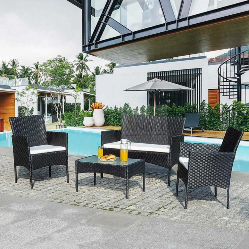 Rattan Furniture For Outdoor/Indoor With Curved Backrest, Padded Cushion And Tempered Glass - Black