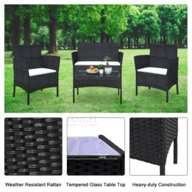 Rattan Furniture For Outdoor/Indoor With Curved Backrest, Padded Cushion And Tempered Glass - Black
