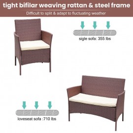 Rattan Furniture With Curved Backrest, Padded Cushion And Tempered Glass - Brown