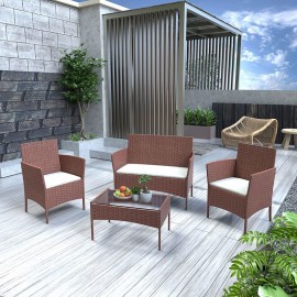 Rattan Furniture With Curved Backrest, Padded Cushion And Tempered Glass - Brown