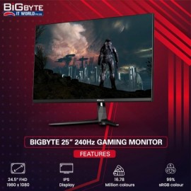 BIGBYTE 25″ 240Hz Refresh rate IPS display FHD 1980 x 1080 Gaming Monitor AMD FreeSync with up to 99% sRGB colour