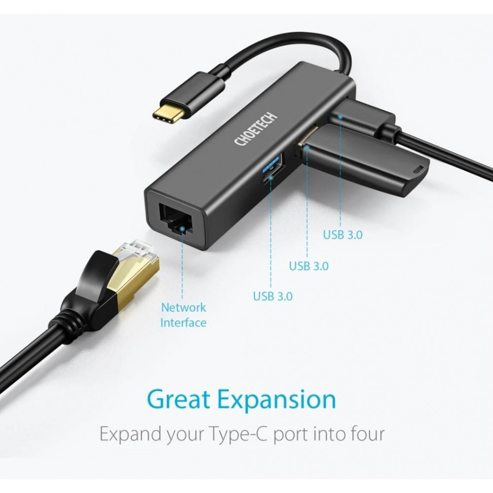 CHOETECH USB-C HUB With Ethernet & USB 3.0 x 3 HUB-U02 With 6 Month Warranty
