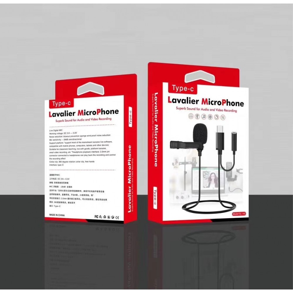 Type C GL140 Lavalier Microphone with Headphone playback interface & Easy Clip On