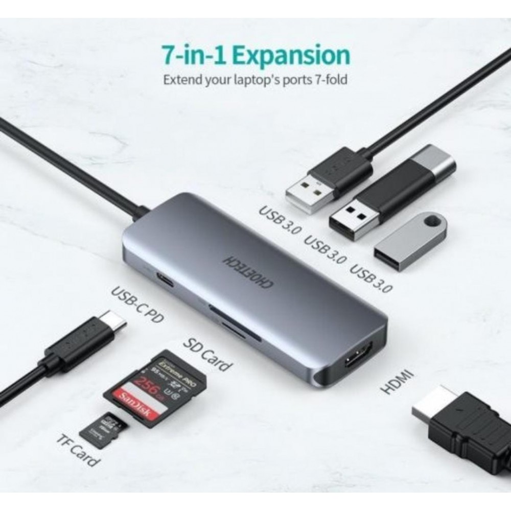 CHOETECH 7-In-1 USB-C Multifunctional Adapter HUB-M19 With 6 Month Warranty CHOETECH 7-In-1 USB-C Multifunctional Adapter HUB-M19 With 6 Month Warranty