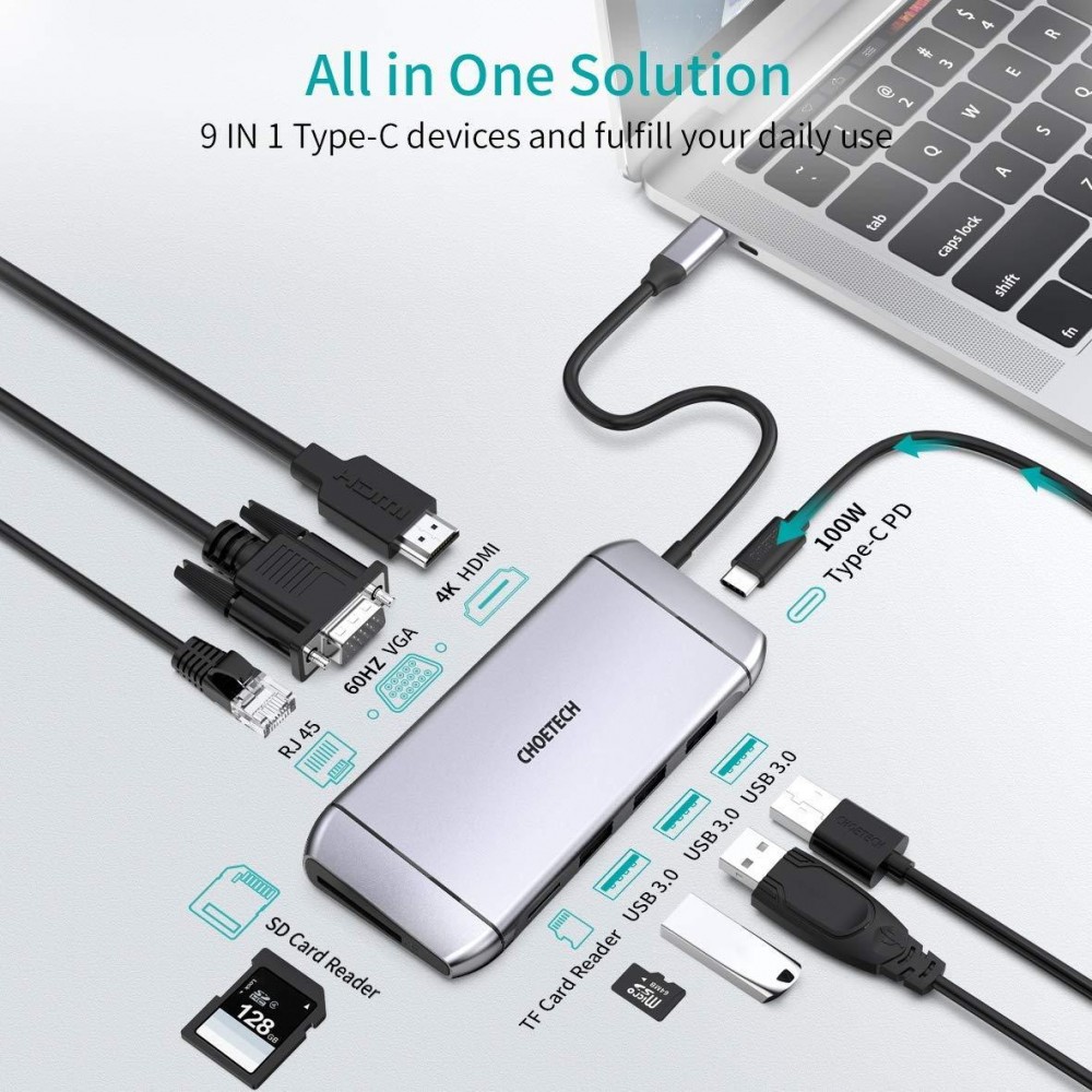 CHOETECH 9-In-1 USB-C Multi Port Adapter HUB-M15 With 6 Month Warranty CHOETECH 9-In-1 USB-C Multi Port Adapter HUB-M15 With 6 Month Warranty