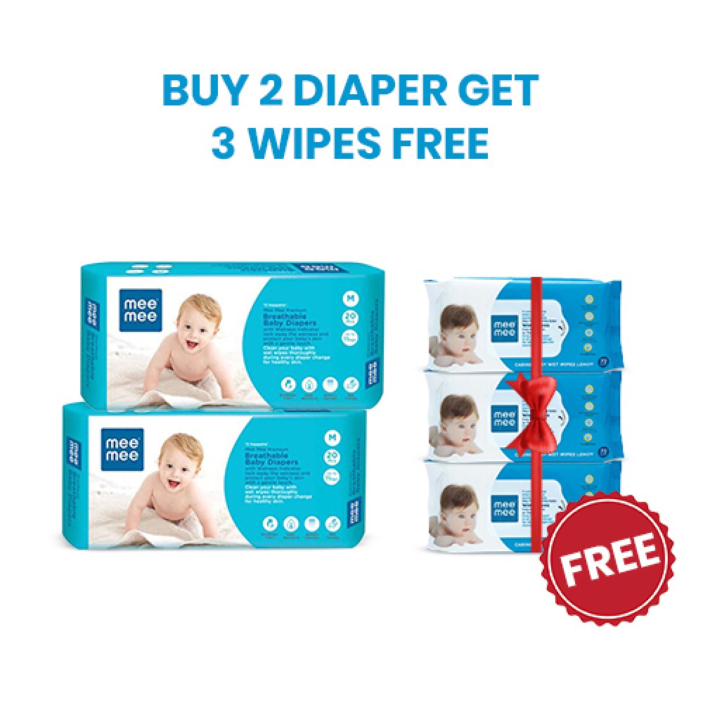 Mee Mee Premium Breathable Baby pants and Wipes combo (MM-3060 L PK24) (Buy 2 Diapers get 3 Wipes free) Mee Mee Premium Breathable Baby pants and Wipes combo (MM-3060 L PK24) (Buy 2 Diapers get 3 Wipes free)