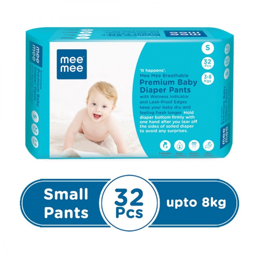 Mee Mee Breathable Premium Baby Diaper Pants with Wetness Indicator and Leak-Proof Edges (Small- 32 Pcs) Mee Mee Breathable Premium Baby Diaper Pants with Wetness Indicator and Leak-Proof Edges (Small- 32 Pcs)