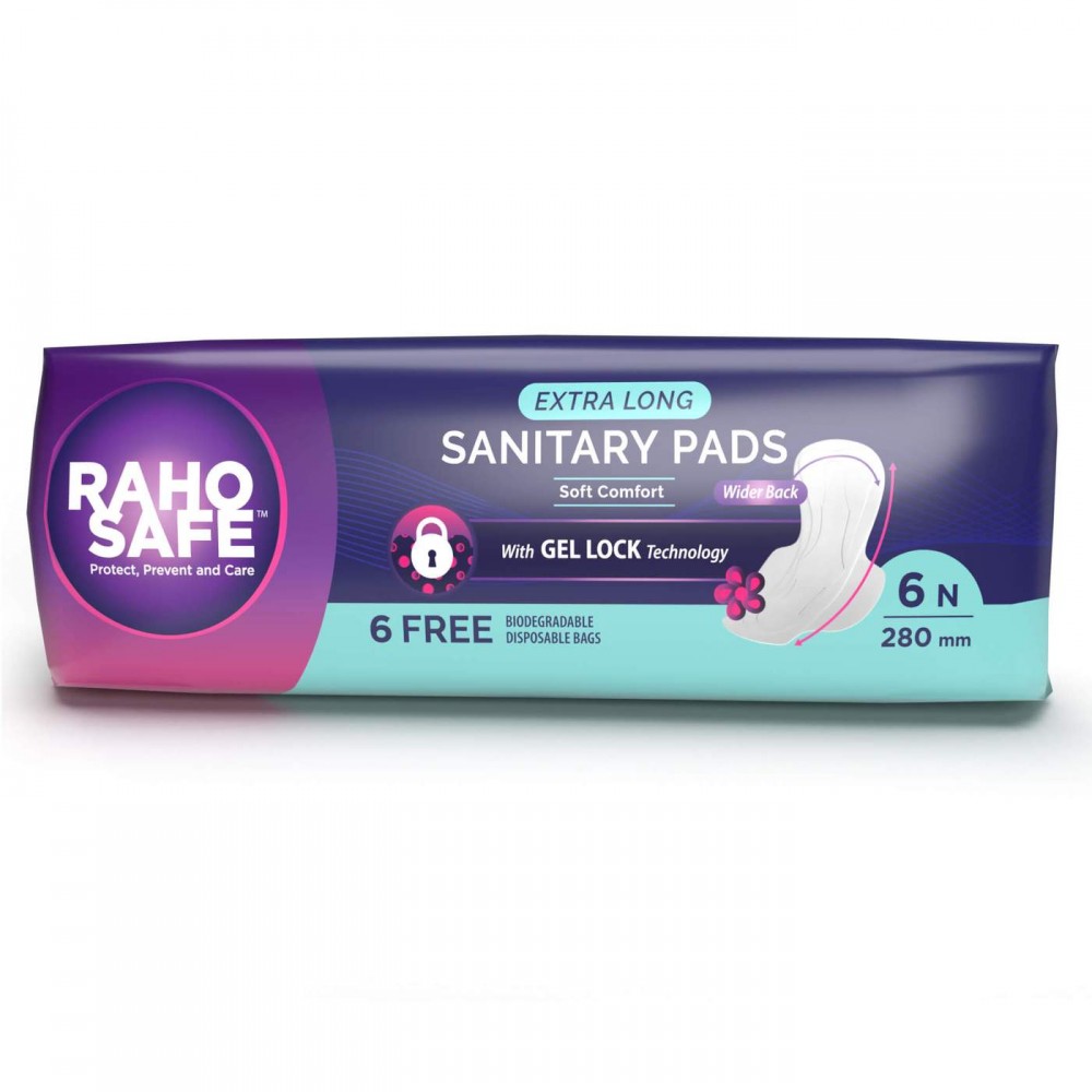 Raho Safe Sanitary Pad Extra Long with Biodegradable Disposable Bags - Pack of 6