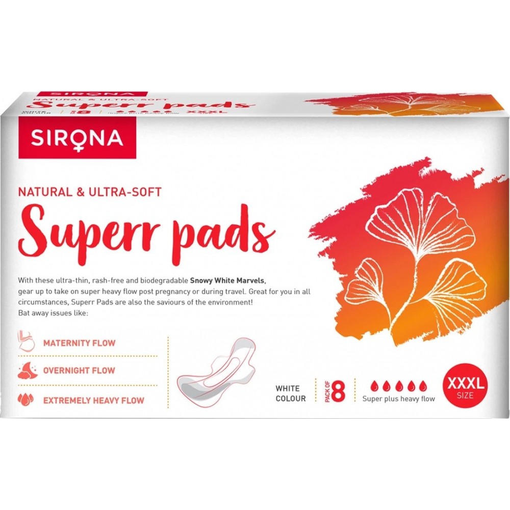 Sirona Natural Ultra Soft Superr Pads - 8 Pieces (420mm) for Maternity Flow, Overnight Flow and Extremely Heavy Flow Sirona Natural Ultra Soft Superr Pads - 8 Pieces (420mm) for Maternity Flow, Overnight Flow and Extremely Heavy Flow