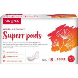 Sirona Natural Ultra Soft Superr Pads - 8 Pieces (420mm) for Maternity Flow, Overnight Flow and Extremely Heavy Flow