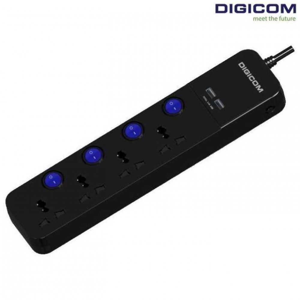 Digicom Surge Protector Socket | 4 Universal Extension | Individual switch | 2 USB Charging Port Digicom Surge Protector Socket | 4 Universal Extension | Individual switch | 2 USB Charging Port