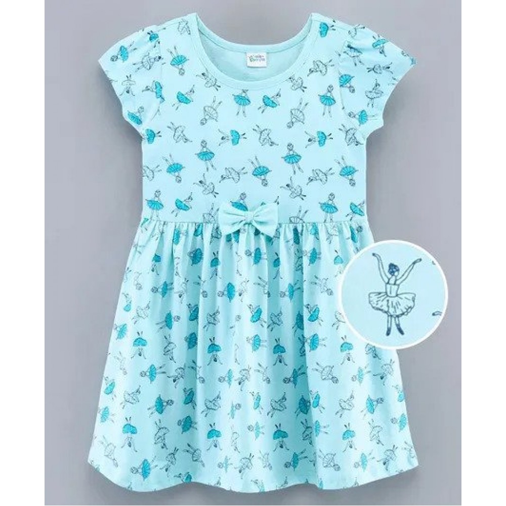 Hola Bonita Short Sleeve Knit Frock Ballerina Print with Bow - Light Blue