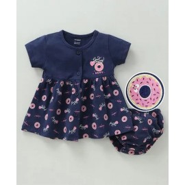 Cucumber Half Sleeves Frock with Bloomer Donuts Print - Navy