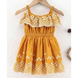 Babyhug 100% Cotton Sleeveless Off Shoulder Frock with Floral Embroidery - Mustard 