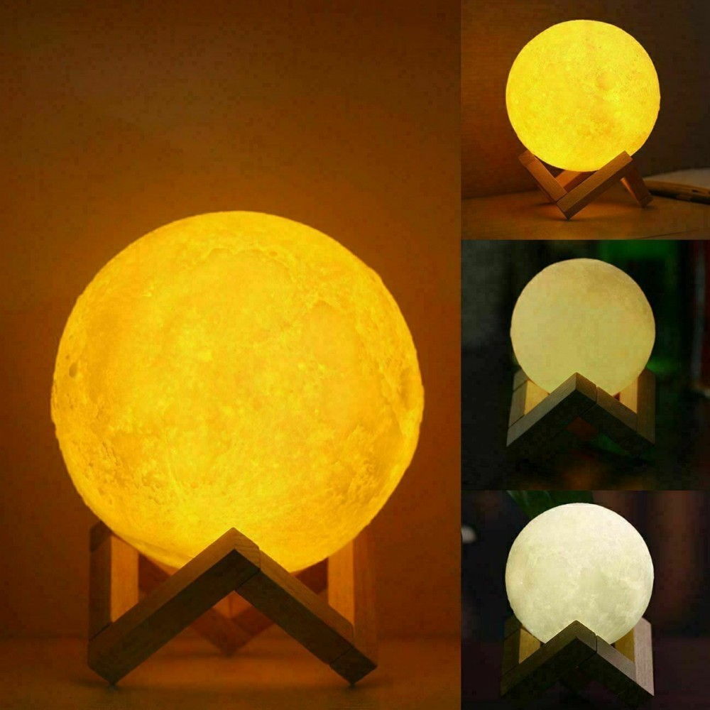 3D Print Moon Lamp, USB Charging 3-Color Changing LED Energy-Saving Night Light With Wooden Holder Base 3D Print Moon Lamp, USB Charging 3-Color Changing LED Energy-Saving Night Light With Wooden Holder Base