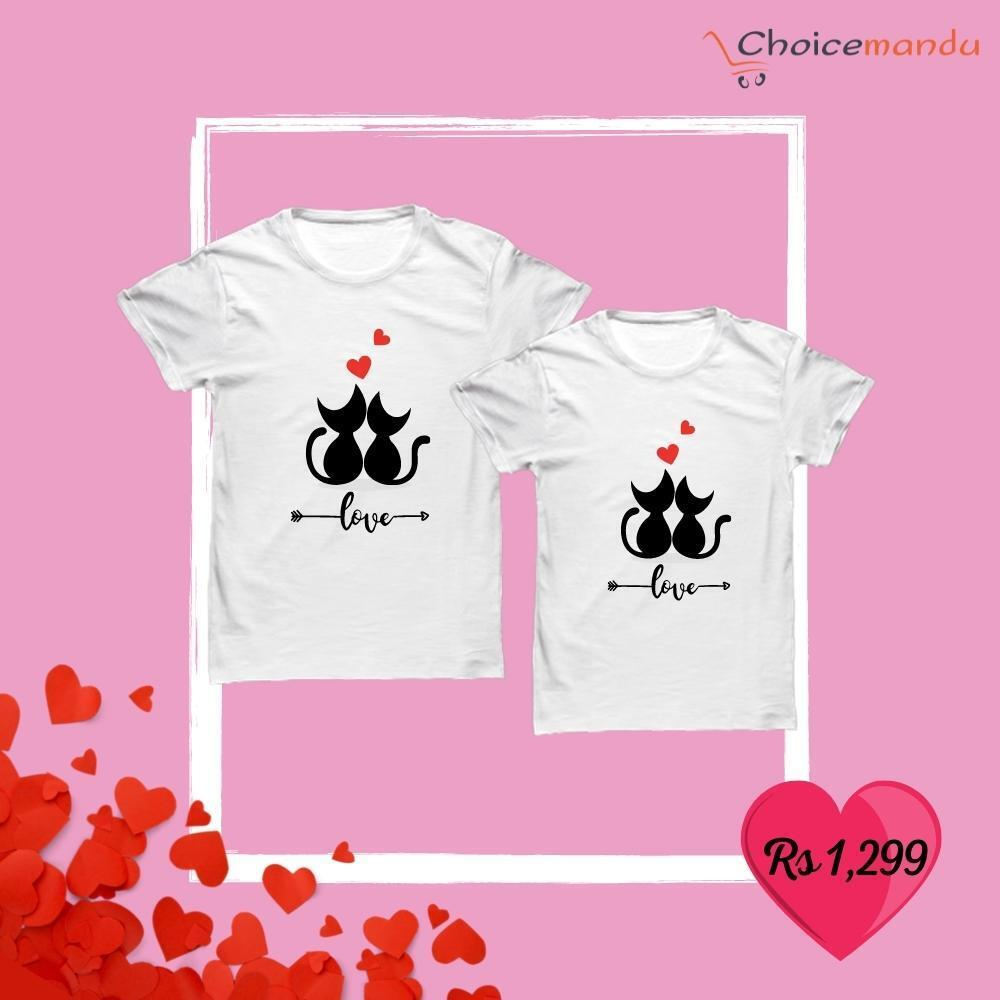 Love Couple Cats Customized White T-Shirt  Love Couple Cats Customized White T-Shirt