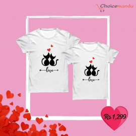 Love Couple Cats Customized White T-Shirt