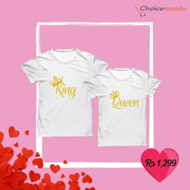King Queen Couple Matching Customized White T-shirt | Valentine Gift for Couples