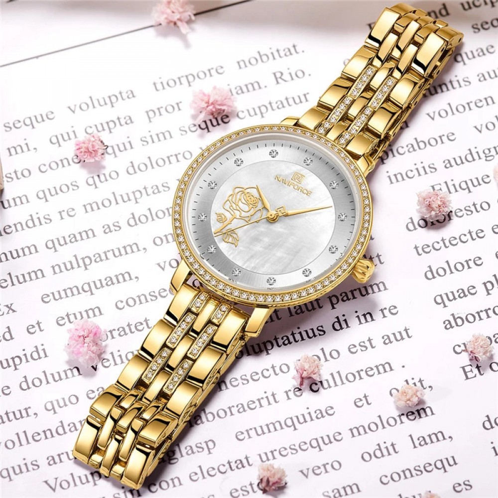 NAVIFORCE NF5017 Top Luxury Women Watch Rhinestone Quartz Lady Waterproof Wristwatch Gold NAVIFORCE NF5017 Top Luxury Women Watch Rhinestone Quartz Lady Waterproof Wristwatch Gold