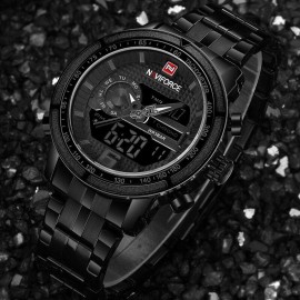 NaviForce NF9119 Dual Time Digital Analog Stainless Steel Watch – Black
